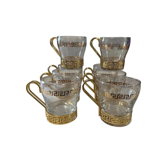 Set of 8 Vintage Libbey Glass gold Greek Key 8 ounce handled glasses - Picture 1 of 5